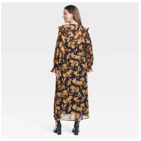 Long Sleeve Sheer Maxi Dress -A New Day - XXL New Black/Brown Floral - Picture 3 of 10